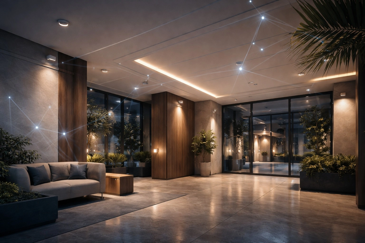 Concept visualisation of a residential lobby with integrated building technology